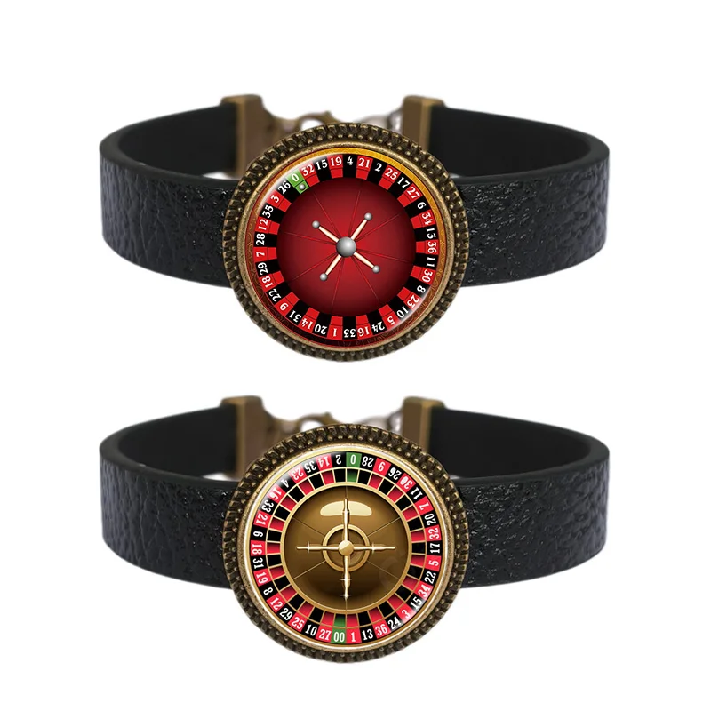 Roulette Wheel Bracelet for Men Women Compass Vintage Photo Glass Gem Leather Bracelets Jewelry
