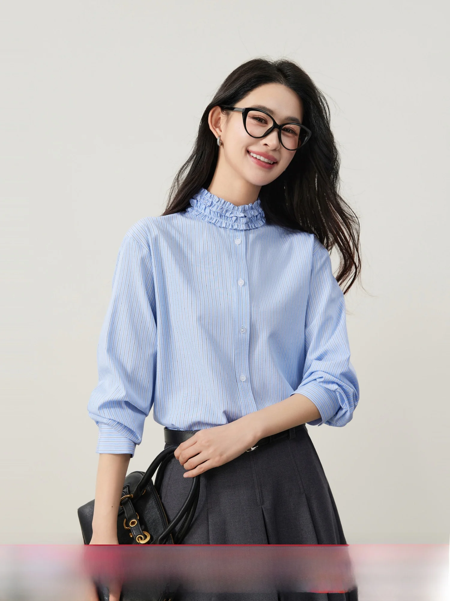 

Ele Blue White Striped irt Women's oulder Drop Ruffle Collar Spring 2026 New Sle Loose Fit Long Sve Polyester Co...