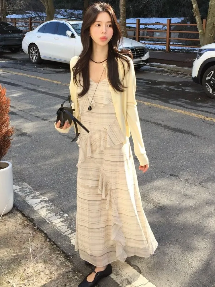 

Summer 2025 Chic Design Sense Long Skirt Women's Cheered Hemmed Dr Irregular Plaid Maxi Dr Fem Faionable Gown
