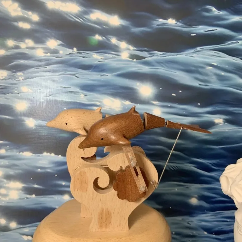 Two swimming dolphins wood carving artwork, couple decorations
