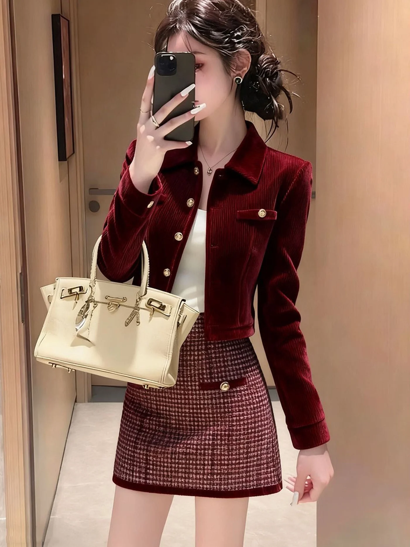 Trendy Wine Red Collar Open Cardigan Jacket Women's Autumn Versatile Short Skirt Half-length Skirt Two-piece Set Fashionable