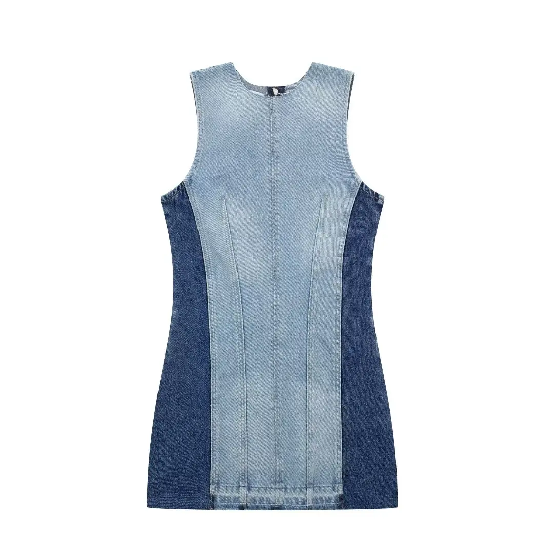 Women's 2024 New Chic Temperament Fashion Patchwork Design Denim Mini Dress Retro Sleeveless Women's Dress Mujer