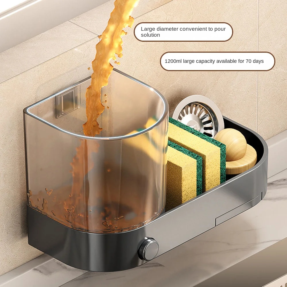 Con bandeja de drenaje, dispensador de jabón montado en la pared con soporte para esponjas, prensa manual, soporte para líquidos para lavavajillas, gran capacidad, resistente al agua