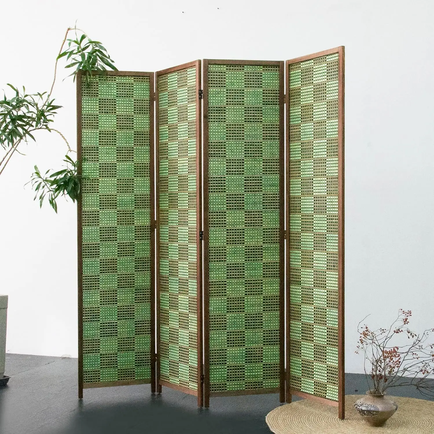 

4 Panel Room Divider Screen and Folding Panel Screen,Double Sided Bamboo Divider for Room Separation,Emerald Square,67"