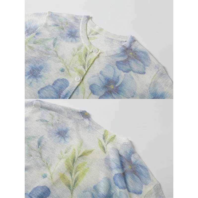 Dames zomer lange mouw bloemenprint gebreid O-hals vest casual lichtgewicht gebreide trui jas met zonwering