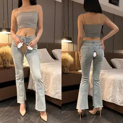 Pantalones vaqueros eróticos con entrepierna abierta para mujer, Jeans ajustados con fondo de campana, ahuecados, con cremallera, Sexy, para sexo al aire libre