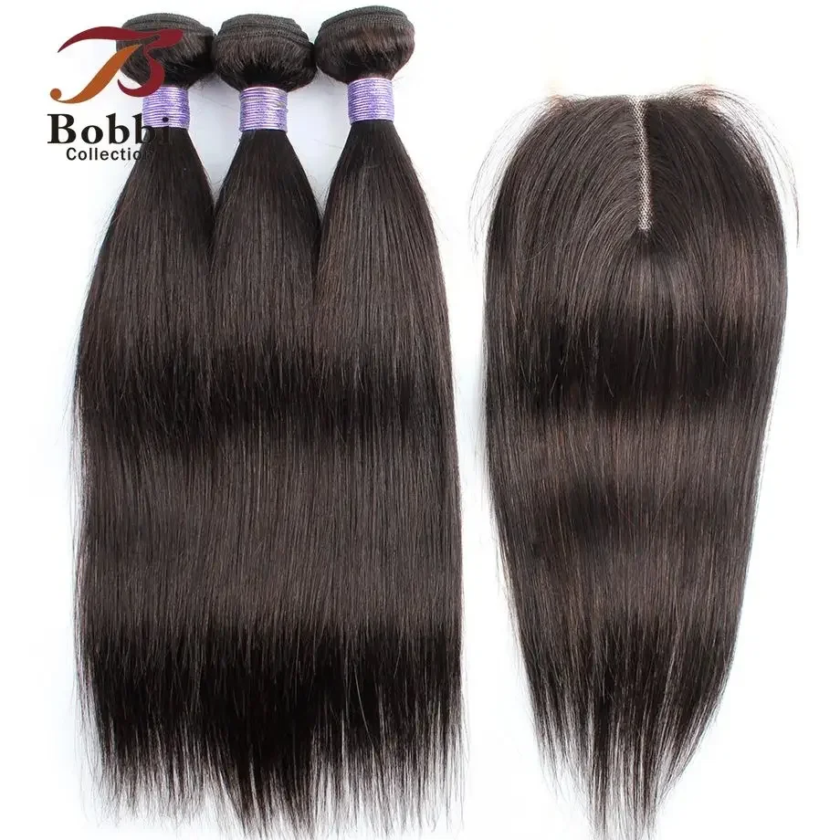 Straight 100% Human Hair 3 Bundles with Closure Middle Part 4x4 T Transparent Lace Black 60g/pc Remy Human Hair Extension BOBBI