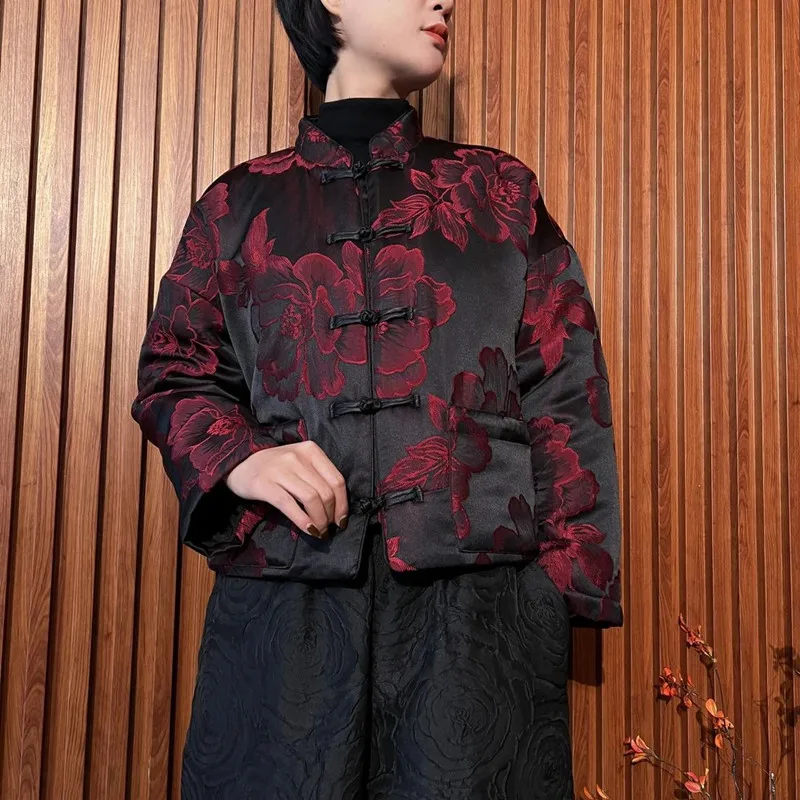 

Fashionable Thickened Short Cotton Jacket with Floral Embroidery for Women Autumn Winter Warm Outerwear Casual Loose Fit