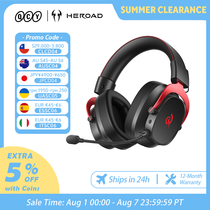  QCY Heroad VT200 Wireless Gaming Headset Detach Mic Over Ear Headphone Tri-Mode 7.1 Surround Sound for PC/PS4/PS5 Headset Gamer 