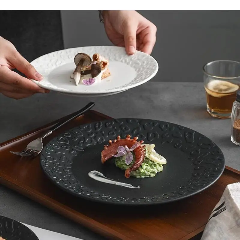 Relief Texture Ceramic Shallow Plate Steak Dessert Molecular Cuisine Display Plates Specialty Tableware