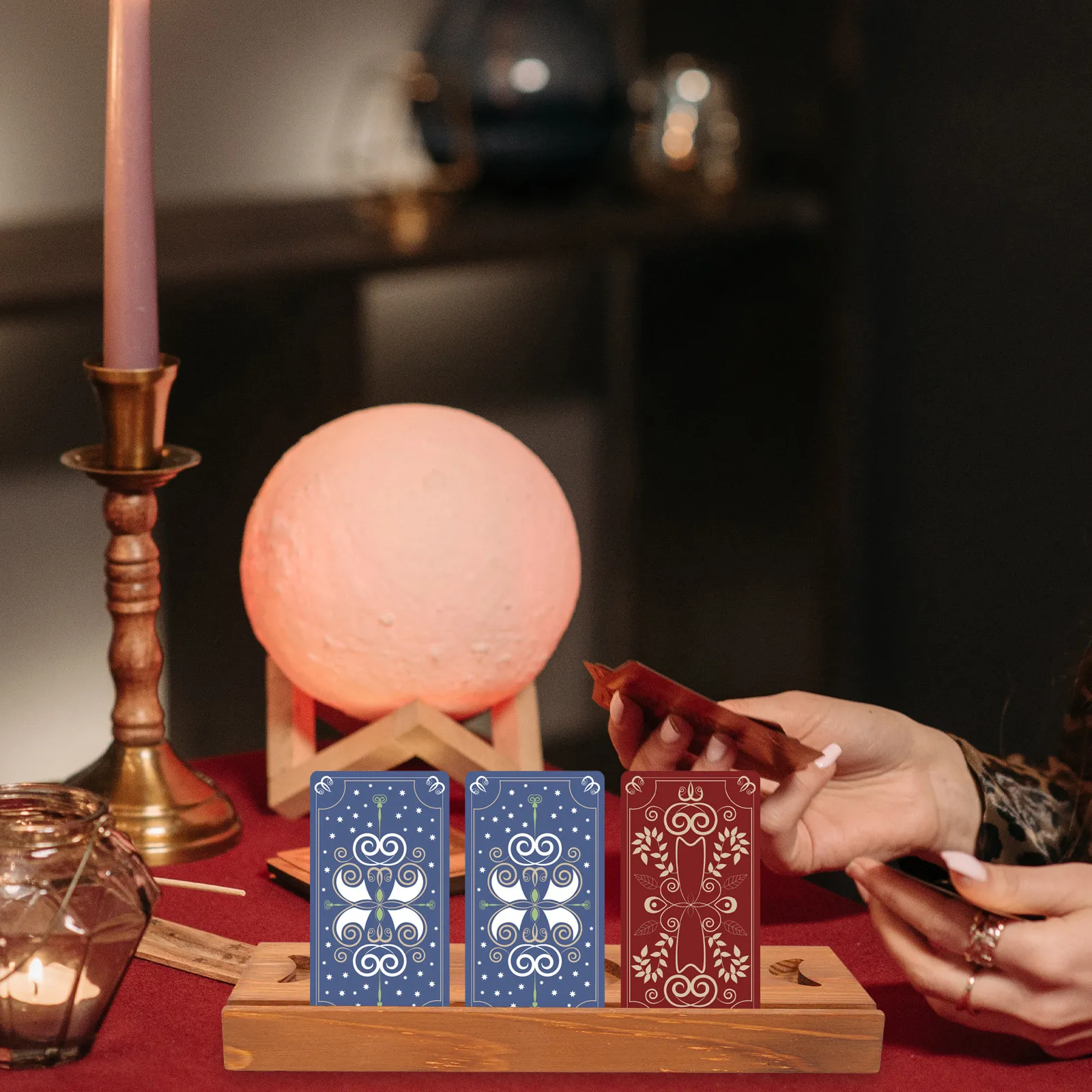 

Moon Phase Carved Wooden Tarot Card Holder Stand for 3 Cards Display Storage Crystal Tray Divination Altar Wiccan Ritual Supply