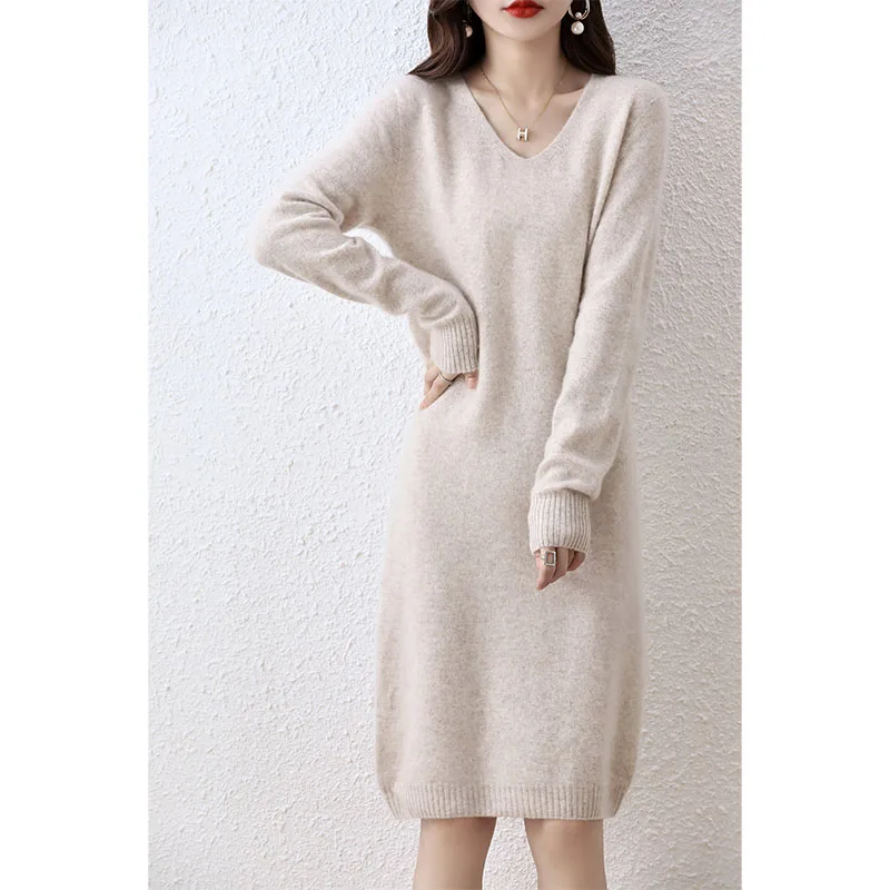 Hot Sale 100% Pure Wool Knitted Sweater Women Dress Winter/ Autumn V-Neck Female Dresses Long Style S-XXL Pullovers Girl Clothes