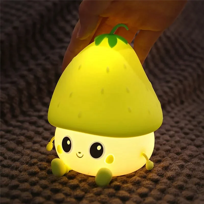 Linda luz nocturna de fresa, luz nocturna de silicona, adecuada para decoración de habitaciones, luz de cama LED regulable, bonita decoración de habitaciones