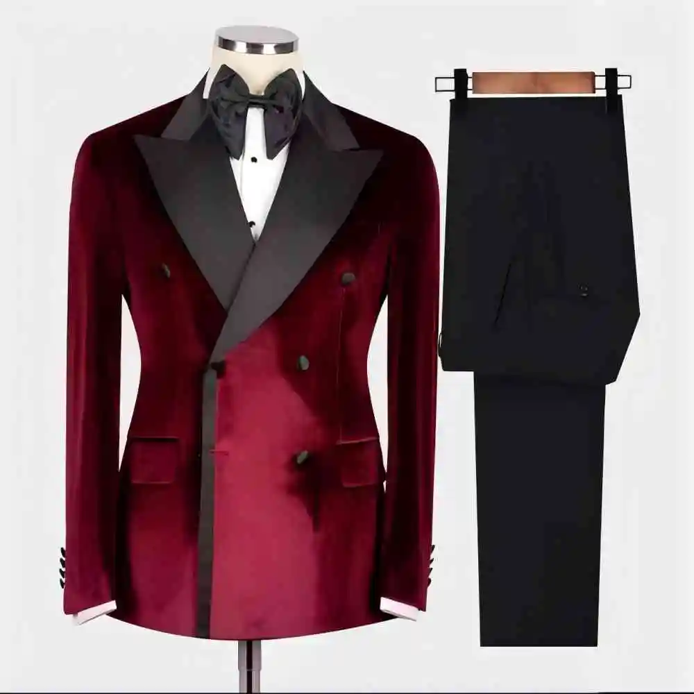 

Groom Men Wedding Suits Slim Fit Burgundy Velvet Groom Double Breasted Tuxedo Tailor-Made 2 Pieces Jacket Pants Clothes