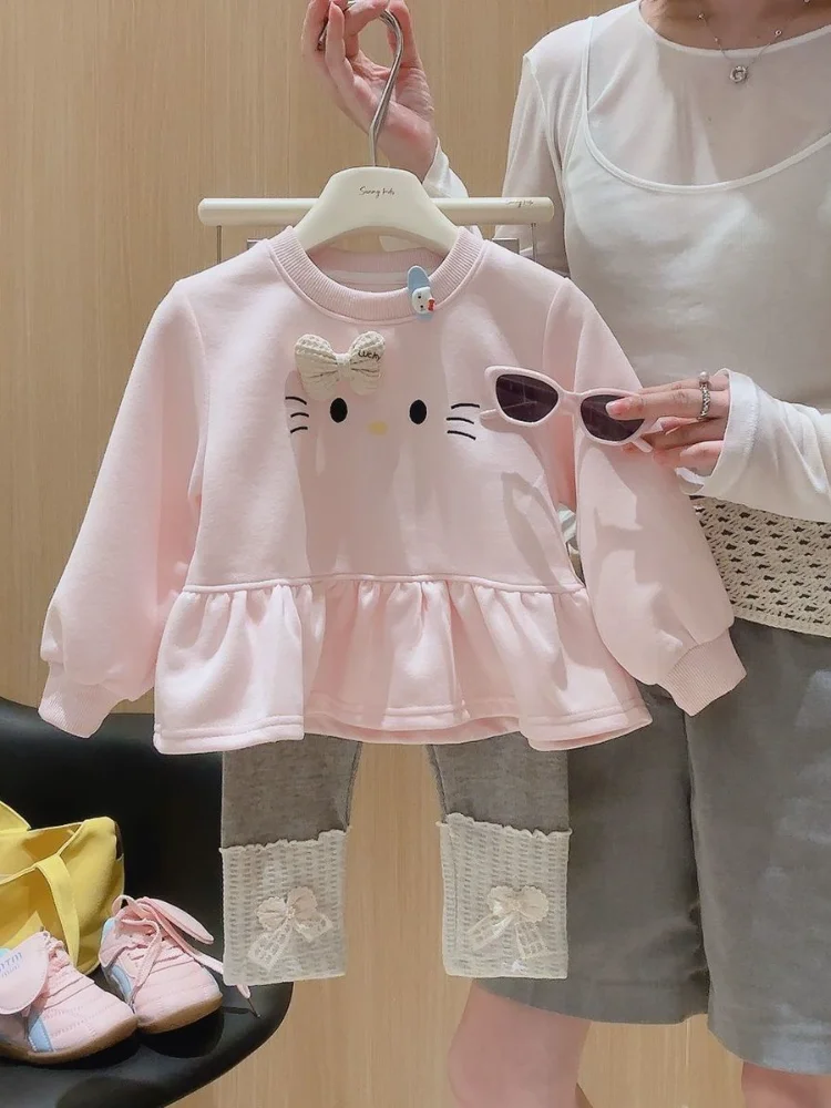 

Sanrio Hello Kitty, весенне-осенний комплект одежды для маленьких девочек, сетчатые топы с рюшами из мультфильмов, рубашки + штаны, леггинсы, детская одежда принцессы