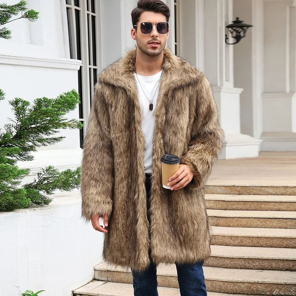 Men Faux Fox Fur Jacket Coat Winter Thick Fluffy Long Sleeve Warm Shaggy Outerwear Luxury Fur Long Jackets Mens