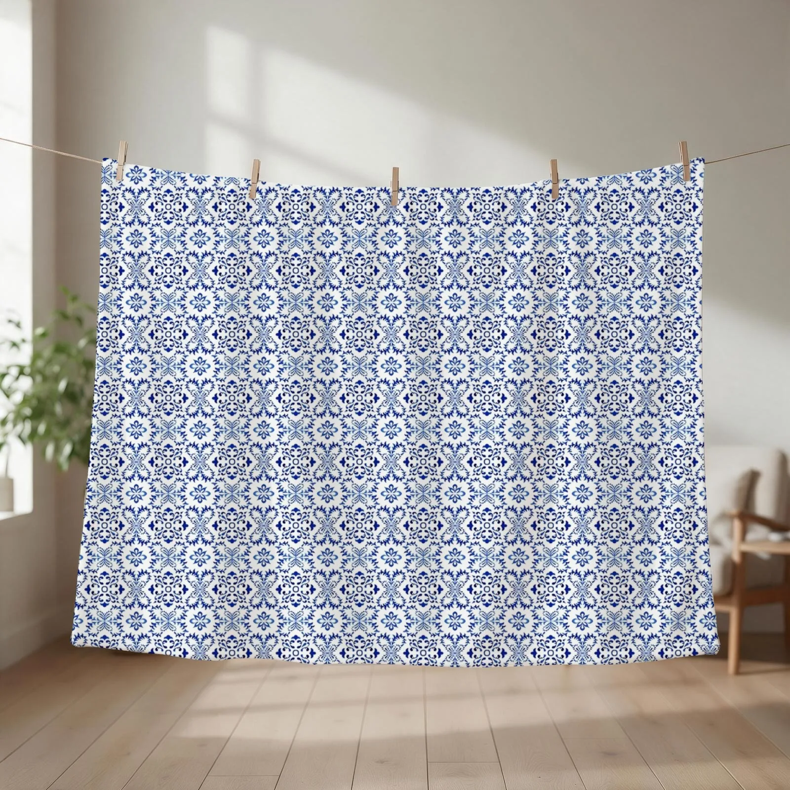 Azulejo Portuguese Tile Watercolor Artwork 19 Throw Blanket couch cozy soft plush fuzzy picnic outdoor blanket