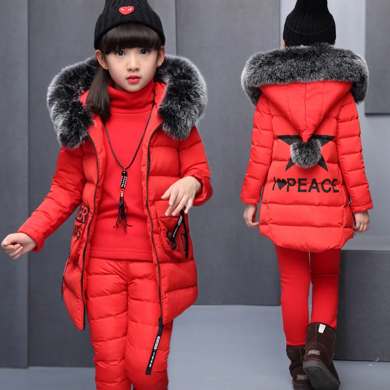 Girl Clothing Sets For Russia Winter Hooded Vest Jacket + Warm Top Cotton Pants 3 Pieces Clothes Coat With Fur Hood