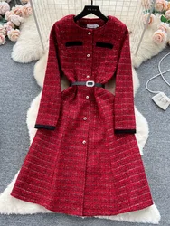 Autumn And Winter New Luxury Style Wine Red Tweed Midi Dress Women's Elegant Round Neck Long Sleeve Single-Breasted Woolen Dress