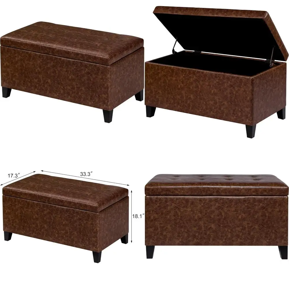 Faux Leather Storage Ottoman Bench with Wooden Legs, Upholstered End of Bed Furniture for Entryway and Bedroom