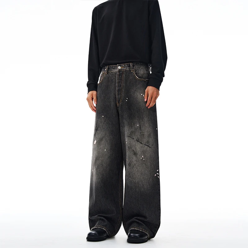 جينز رمادي أسود عتيق لخريف 2025 للرجال، فضفاض مستقيم، أرجل واسعة، سروال Y2K عصري وحنين