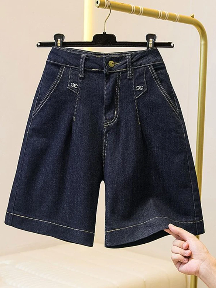 

American style stretch denim shorts women's summer new thin A-line wide leg slimming solid color casual five cropped pants