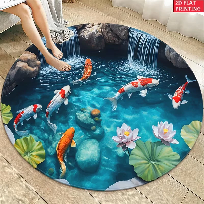 Round Area Rug Koi Fish Lotus Waterfall Print Non Slip Soft Floor Mat Oriental Water Pond Pattern Carpet For Living Room