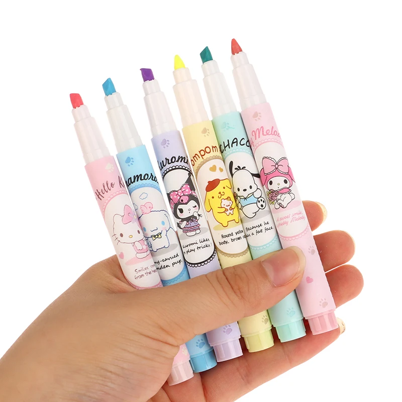 1/6Pcs Sanrio Hello Kitty Highlighter Pen Kawaii Kuromi Melody Cinnamoroll Art Fluorescent Markers Pens School Office Statione