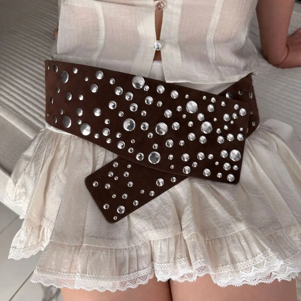 PU Leather Rivets Extra Wide Belt Punk Exaggerated Studded Wide Waistband Y2K Versatile Irregular Decorative Belt Concert