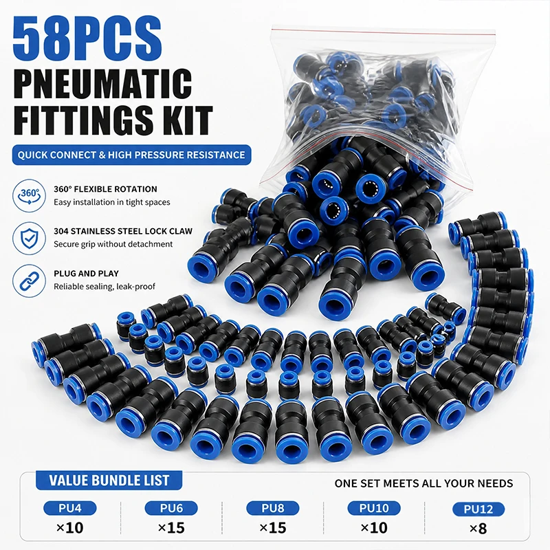 

58PCS Pneumatic Quick Couplings Kit,4/6/8/10/12mm Push-in Fittings, Straight Air Tube Connectors,Quick Release Air Hose Couplers