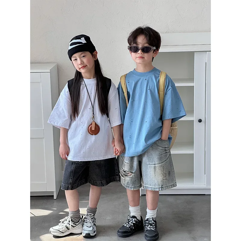 

Children Clothing Loose Round Neck Pullover T Shirt 2024 Summer New Short Sleeve Fashion Boys Girls Fashion Personality Shirt