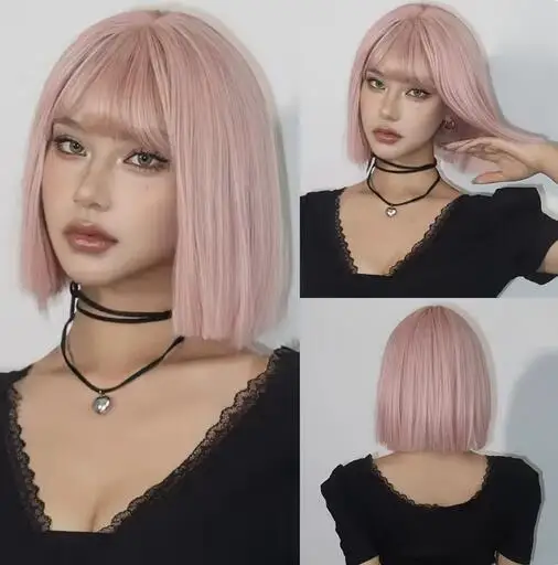 

Gray Pink Synthetic Wigs Short Cut Blunt Wigs with Bangs Cosplay Lolita Hair Wig for White Women Heat Resistant Party Daily