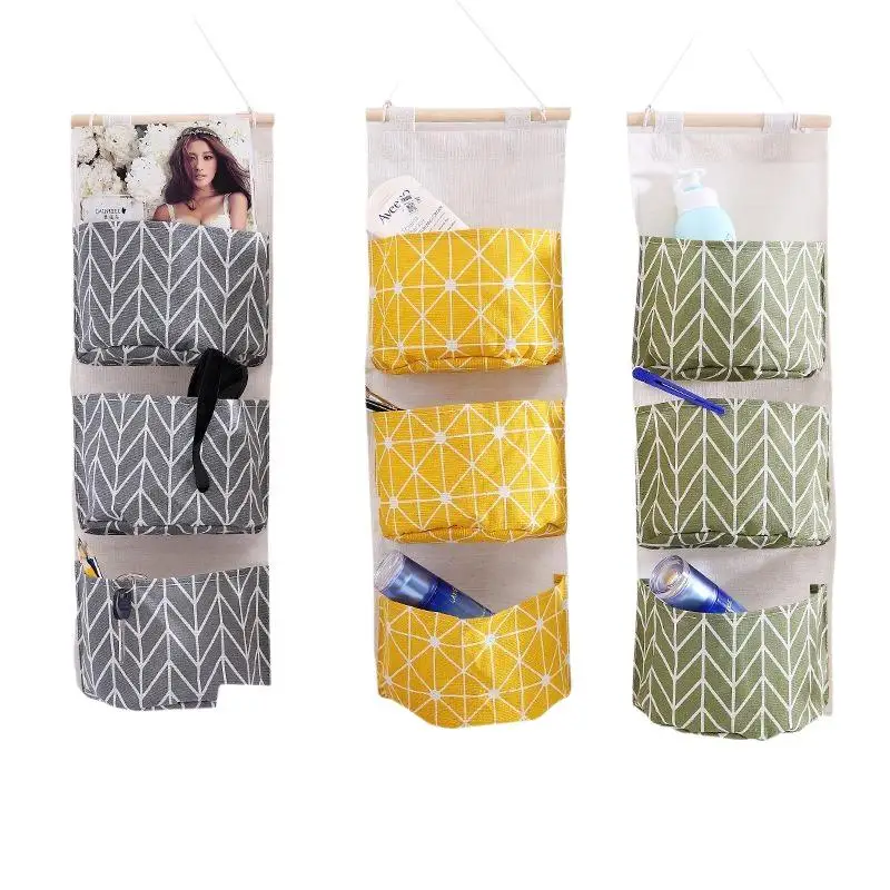 Ins Style Wall Hanging Storage Bag 3 Pockets Waterproof Hanging Organizer Geometric Print Pouch For Door Bedroom Dorm Home