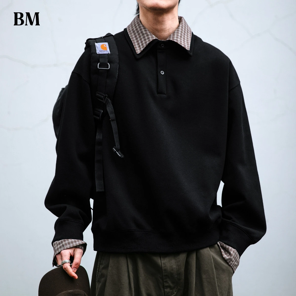 

Mens High Quality Polo Collar Loose Fit Sweatshirt Long Sleeve Pullover Casual Streetwear Unisex Couple Wear Fake Two Pieces