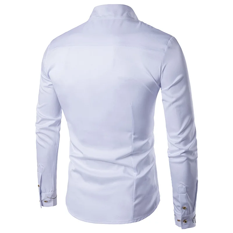 KIDWHXR 2026 Man Shirts Fashion Embroidery Stand Collar Male T-shirt Slim Long Sleeve Business Wedding Men Irregular Shirts