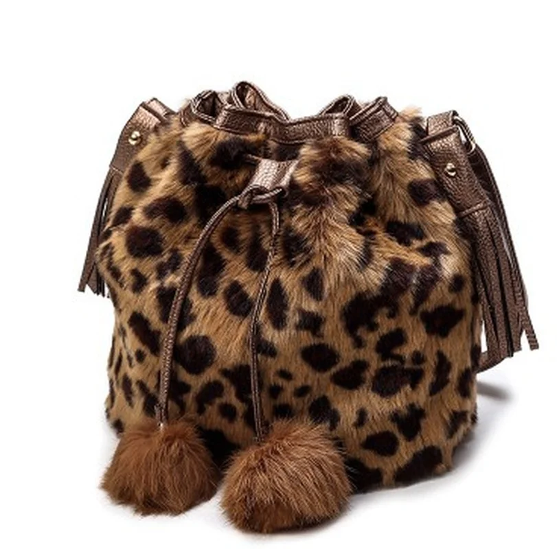 Rabbit Hair Women Bucket Bag Large Capacity Fashion Leopard Print Plush Bag Shoulder Diagonal Bucket Bag Wallet Women Mini Bag