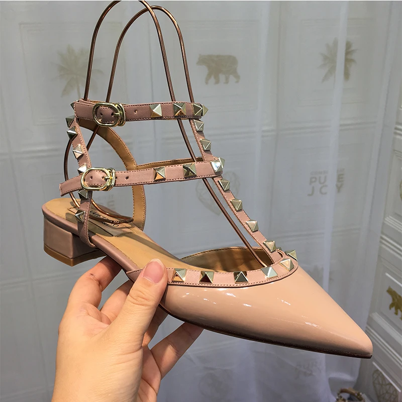 2024 New Summer Sandals Pointed Low Heeled Shoes Fashion Thick Heels Rivet Strap Color Matching Sandals For Women Patent