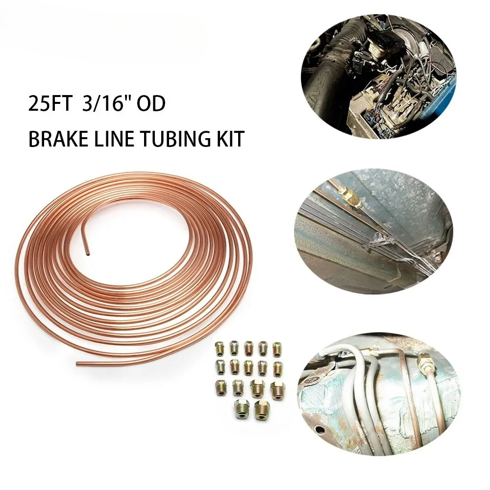 

25FT 7.62m Car Roll Tube Coil of 3/16" OD Copper Nickel Brake Pipe Tube Tubing & 16PCS Nuts Galvanized Copper Hose Line Piping