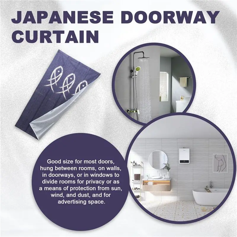 AB02 Japanese Noren Doorway Curtain Ancient Character Fish Tapestry For Home Decoration Blue 33X59inch