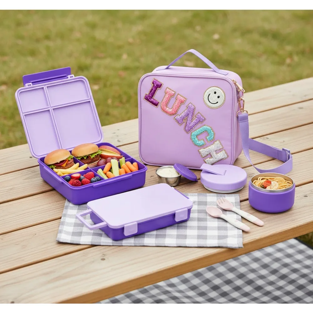 

Детский герметичный ланч-бокс Bento с термосупом на 8 унций, 4 отделениями и изолированной сумкой для школьных путешествий