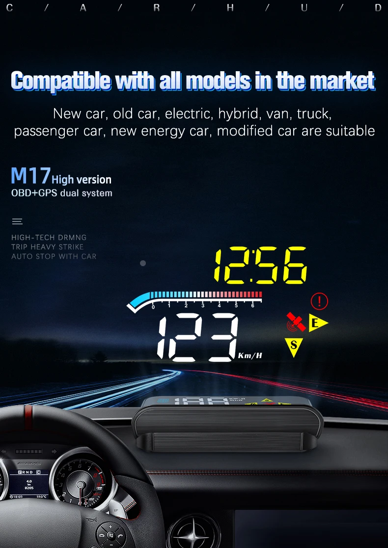 Plug & Play OBD2+GPS Head-Up Display For all 12V 24V Vehicles M17 Multi-Function Universal Windshield HUD Water Temp Clock etc.