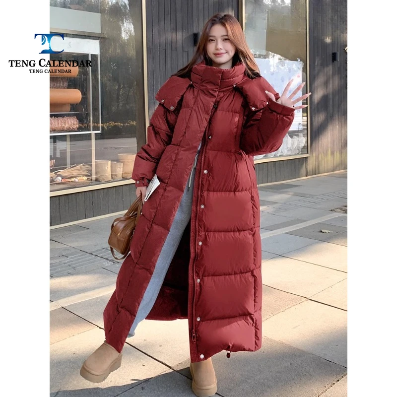 Winter Down Jacket, High-end Red Long Style with Knee High Thickness, 90 White Duck Down Bread Jacket, Women's 2024 New Model