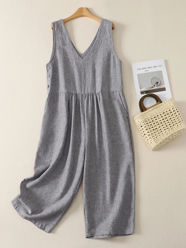 

Japanese Style Artistic V-Neck Color One-Piece Pants Women Summer New Loose Lazy Pleated Splicing Casual Dress Pants