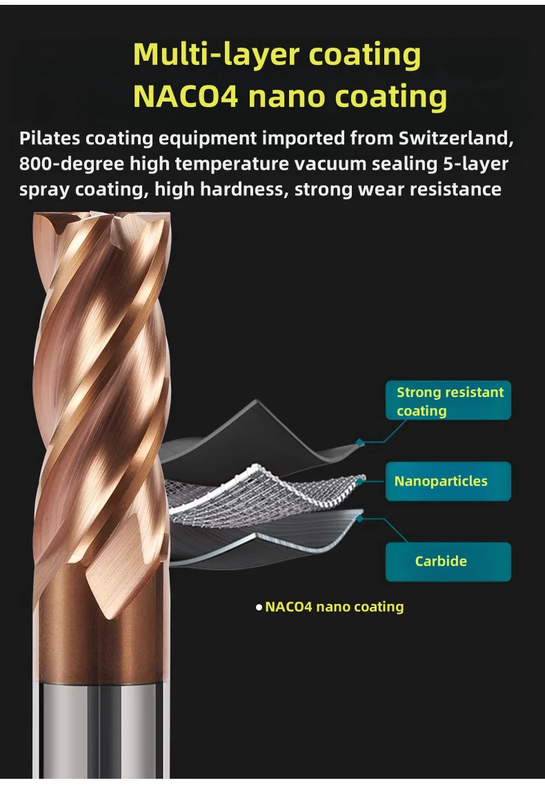 HRC55 4 Flute End Mill Nano Coating Tungsten carbide milling cutter CNC Router Bits 5x13x6x50 7x20x8x60 6x24x6x75 20x90x20x200