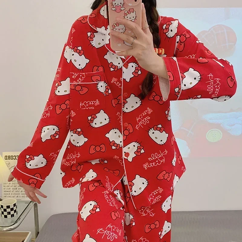 Sanrio hello kitty Herbst Baumwolle Damen Pyjama Seiden pyjama Damen Langarmhose Komfort und lässige zweiteilige Hauskleidung