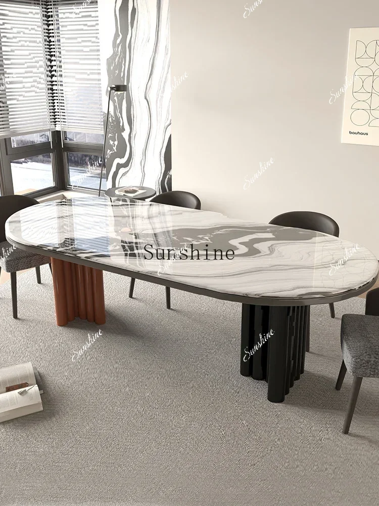 

Panda white marble dining table high-end household small apartment semi-round retro tableM