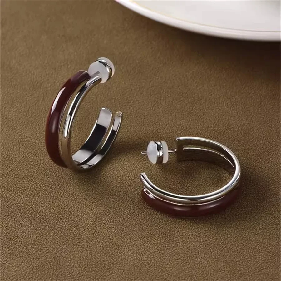 Fashion Enamel Color Matching Double Track Earrings For Women Niche Design Brown High-End Accessories Exaggerated Charm Trend