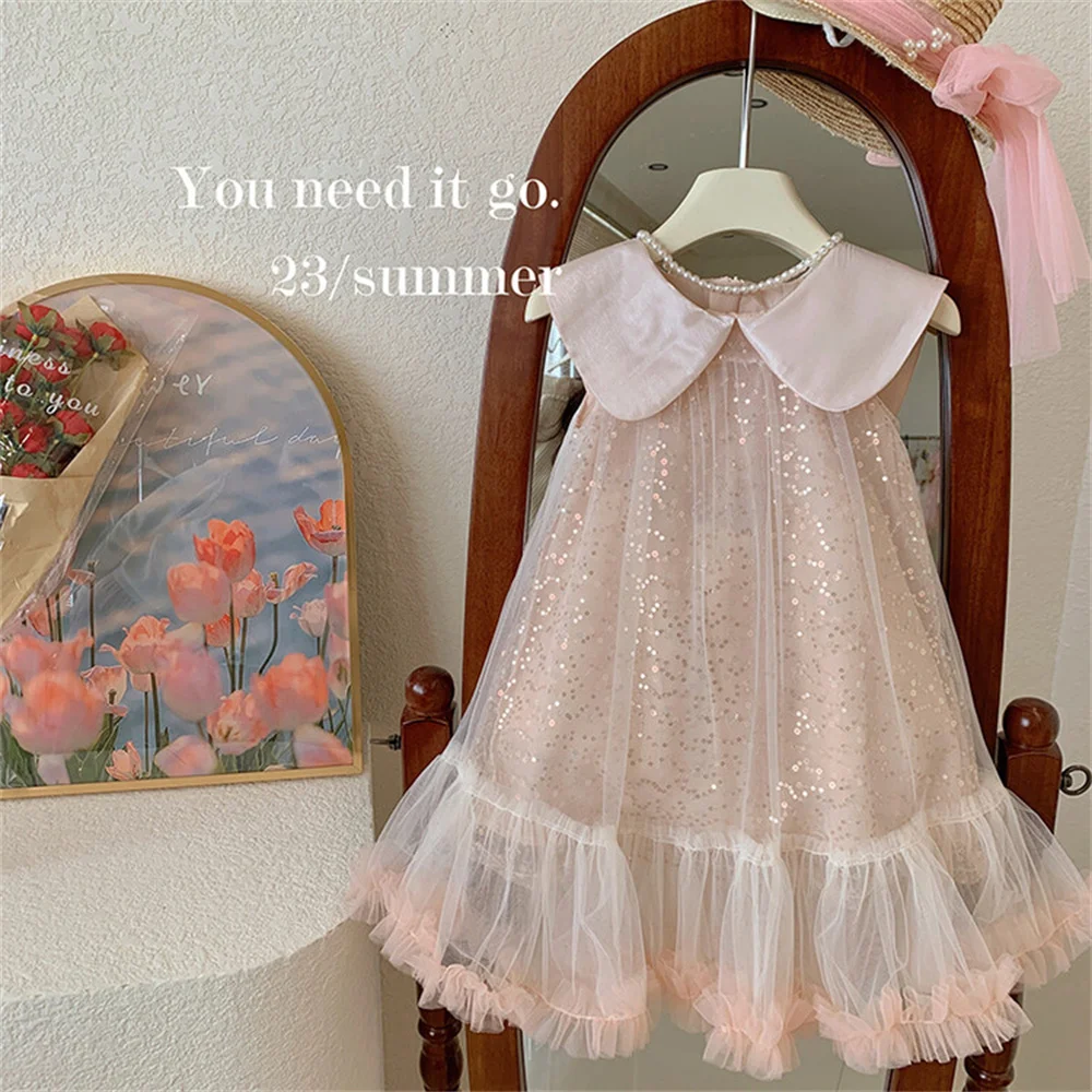 Flip Collar Doll Collar Girls\' Dress Summer Princess Skirt Camisole Skirt Puffy Skirt Mesh Skirt  xl01