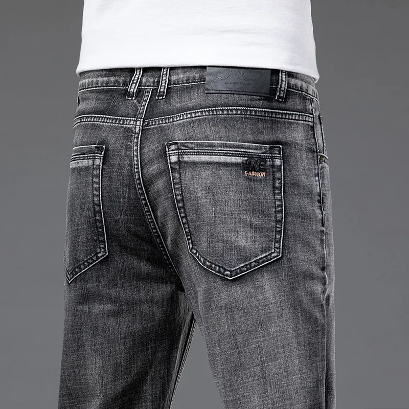 Spring Summer Men's Thin Straight Jeans Smooth Fabric Loose Denim Stretch Trousers Male Brand Pants Blue