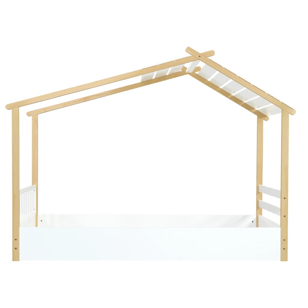 PINGGO Weißes Holz-Einzelbett 90x190cm Natürliche Holzoptik Hausdesign Lattenrost Kiefer-Spanplatte MDF Ohne Matratze – Detail 12
